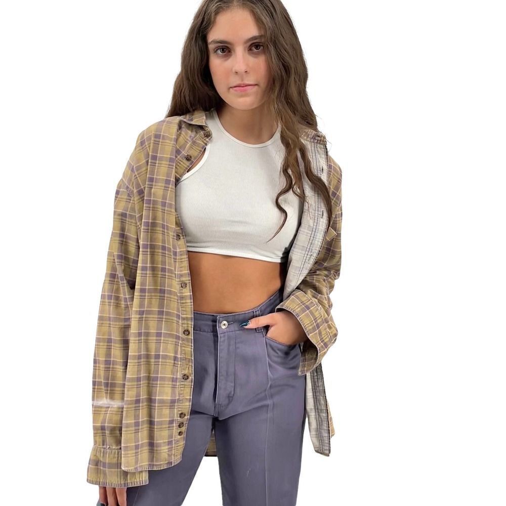 Corduroy Button Up Shirt Long Sleeve SUPER Distressed Tan Lavender Plaid | Large